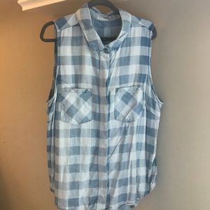 Blue Jean Plaid Sleeveless Button Up Top